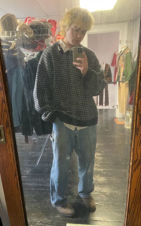 Mirror selfie of boy with bleached hair and oversized blue sweater How To Style A Grandpa Sweater, Grandpa Outfit Aesthetic Men, Grandpa Sweater Men, Old Grandpa Aesthetic, Grandpa Outfits Men, Grandad Sweater Outfit, Masc Sweater Outfit, Grandad Jumper Outfit, Button Up Under Sweater Outfits