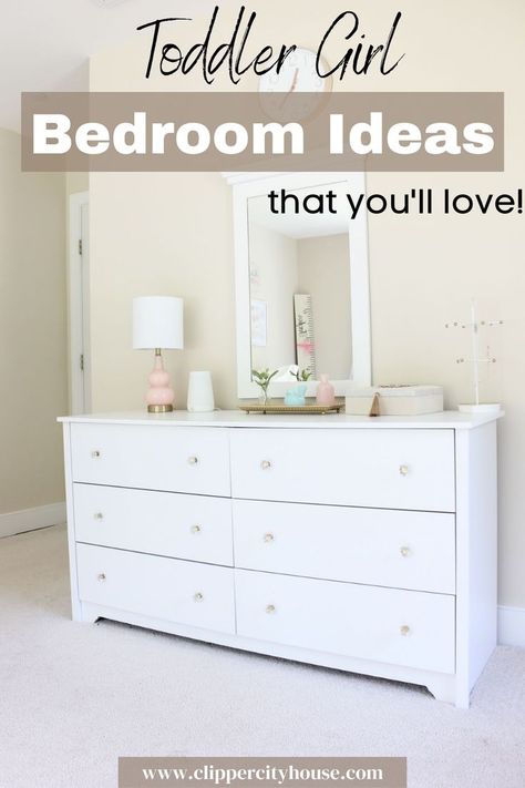 Toddler Room Dresser Decor, Toddler Girl Dresser Decor, Toddler Dresser Decor, Toddler Girls Room Ideas, Decorating Dresser Tops, House Bed Girls Room, Kids Dresser Decor, Big Dressers, Girls Dresser Decor