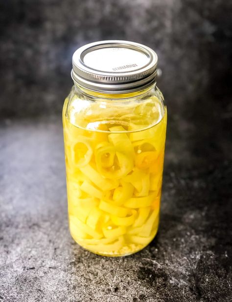 Make these Quick and Easy Refrigerator Pickled Banana Peppers to enjoy on sandwiches, pizza, salads and more!  This simple recipe can be made in less than one hour.  No canning required. Refrigerator Pickled Banana Peppers Recipe, Pickle Banana Peppers Recipe, Recipes With Banana Peppers, Hot Banana Peppers, Canning Pears, Pickled Banana Peppers, Hot Pickles, Pickled Peppers, Banana Peppers