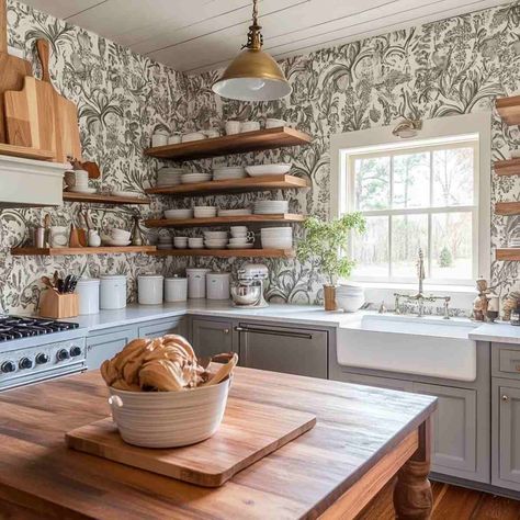 25 Best Kitchen Wallpaper Ideas to Elevate Your Space! Farmhouse Kitchen Wallpaper Ideas, Kitchens With Wallpaper Backsplash, Peel And Stick Wallpaper Kitchen Backsplash, Small Kitchen Wallpaper Ideas, Wallpaper Pantry Interior, Wallpaper For Kitchen The Wall, Wallpaper In Kitchen Ideas, Wallpaper Kitchen Ideas, Modern Kitchen Wallpaper Ideas