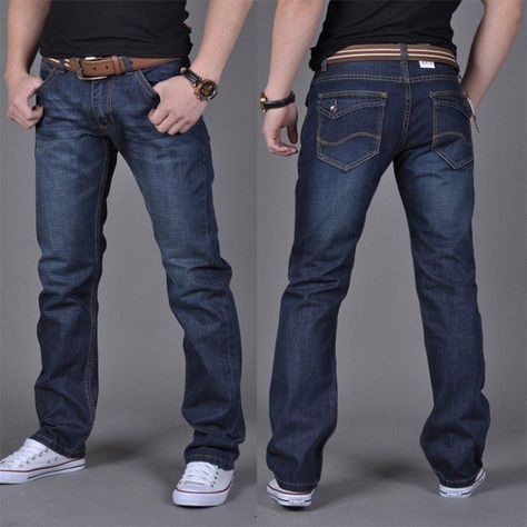 Men's Denim Fabric Jeans Mid-Rise Casual Slim Skinny Straight Jeans Larger Size Fashion, New Mens Fashion, Mens Fashion Jeans, Hot Jeans, Long Trousers, Jeans Casual, Mens Straight Jeans, Dark Blue Jeans, Boutique Fashion