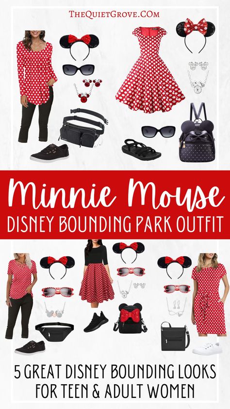 Summer Disney Outfits Plus Size, Disney Frozen Inspired Outfits, Minnie Mouse Adult Costume, Disney Bounding Minnie Mouse, Minnie Mouse Inspired Outfit Women, Minnie Mouse Outfit Ideas, Disney Bounding Women, Minnie Inspired Outfit, Adult Disney Princess Inspired Outfits