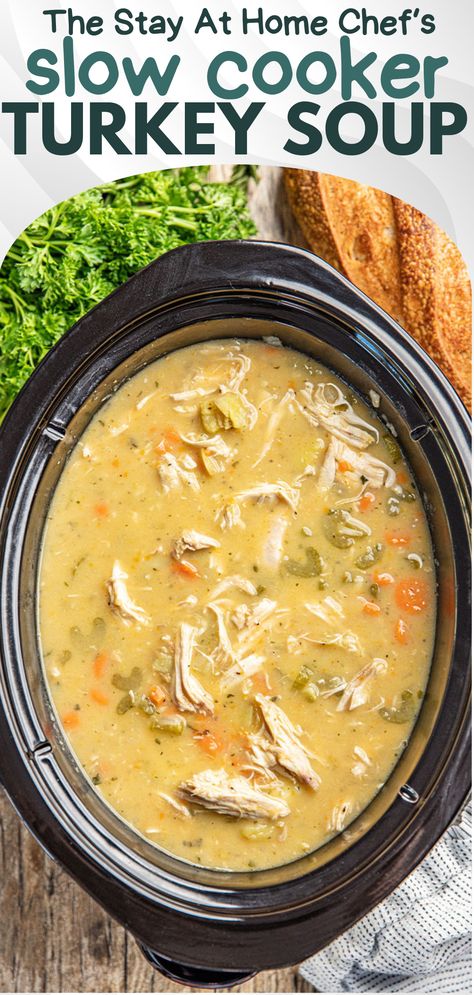 This easy and satisfying Slow Cooker Turkey Soup lets you use up your leftover turkey while providing a welcome and delicious departure from “leftover turkey dinner.” Cream Of Turkey Soup Recipe Crock Pot, What To Make With Turkey Broth, Slow Cooker Christmas Soup, Left Over Turkey Ideas, Slow Cooker Leftover Turkey Recipes, Crock Pot Turkey Soup Recipes, Turkey Soup Slow Cooker, Turkey Leftover Soup Recipe, How To Make Turkey Soup