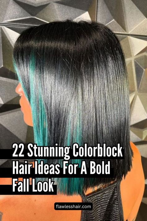 Teal Colorblock Hair Peekaboo Hair Color For Black Hair, How To Peekaboo Highlights, Fall Peek A Boo Hair Colors, How To Section Hair For Peekaboo, Emerald Green Ombre Hair, Dyed Hair Patterns, Undercut Hair Color, Reverse Skunk Stripe Hair, Accent Hair Color