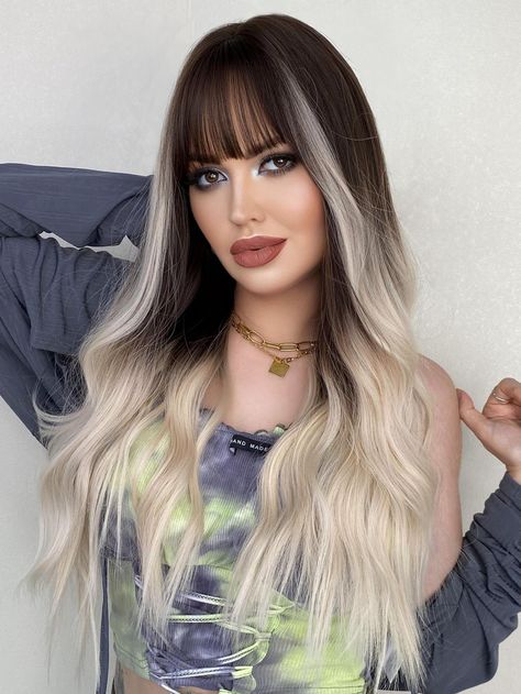 Ombre  Collar  Synthetic Fiber  Bangs Wig Embellished   Wigs & Accs Blonde Ombre With Bangs, Blonde Bangs, Brown Ombre Hair, Wigs Long, Bangs Wig, Bangs For Women, Wavy Wigs, Ombre Blonde, Black Ombre