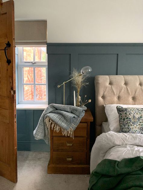 Farrow & Ball De Nimes blue, mixed with greens and neutrals, add in layers, warm wood, panelling and button back for a cosy country feel De Nimes Farrow Ball Bedroom, De Nimes Bedroom, De Nimes Farrow Ball, Farrow And Ball Bedroom, Wood Panelling, Bathroom Paneling, Yes I Will, Yellow Bedroom, Bedroom Decor Design