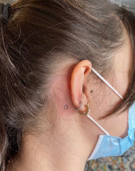 Tiny Happy Face Tattoo, Small Tattoos Smiley Face, Smiley Face Tattoo Behind Ear, Simple Smiley Face Tattoo, Positive Small Tattoos, Fine Line Smiley Face Tattoo, Small Happy Tattoos, Smiling Heart Tattoo, Happy Tattoos For Women