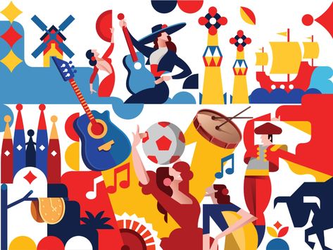 Spain by Ilker Türe on Dribbble Spanish Art Poster, Spain Graphic Design, Spain Drawing Illustrations, Spanish Illustration, Spain Illustration, Social Post Design, Seville Spain Illustration, Spandau Ballet Poster, Spain Poster