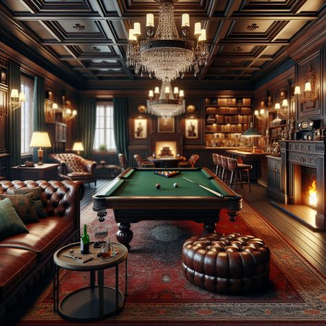 This elegant man cave is a luxurious haven, fitted with a classic pool table, well-stocked bar, cozy fireplace and lavish lounge. Vintage accents and ambient lighting enhance its refined charm. #ManCave #LuxuryDesign #HomeBar #PoolTable #VintageDecor #CozyFireplace Classic Billiard Room, Men’s Home Office With Fireplace, Luxury Poker Room, Billiards Room Decor Vintage, Elegant Man Cave, Man Cave With Pool Table, Gentlemen Room, Luxury Man Cave, Pool Table Room Ideas