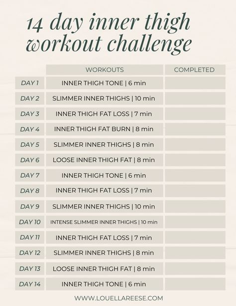 14 Day Inner Thigh Workout Challenge - 10 Minutes or Less per Day | Thigh Workout Challenge, Inner Thigh Workouts, Thigh Fat Loss, Tone Inner Thighs, Thigh Fat Workout, Thigh Challenge, Thigh Workouts, Summer Legs, Park Workout