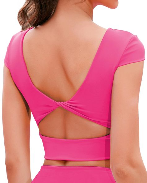 PRICES MAY VARY. Longline Sports Bras Square Neck Crop Top---For medium-impact workouts or sporty styling, this fashion-forward womens sports bra makes workout wear feel fun. Extra long line sports bra prevents the crop shirt moving around. Slight square neck crop top for women, sets you free to stretch, train, and push your limit. Do yoga and pilates with an unbothered mind. Womens Open Back Short Sleeve Workout Tops---Athletic cut out top low-cut back design is so cute and put-together. Short Cute Workout Sets, Yoga Tops For Women, Workout Sets Outfit, Cropped Workout Top, Hot Pink Sports Bra, Running Clothing, Athletic Tops, Athletic Crop Top, Running Sports Bra