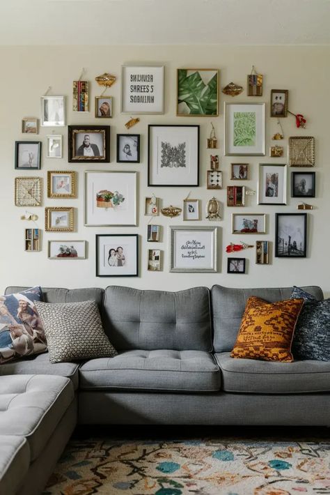 Photo Wall Above Couch, Travel Gallery Wall Ideas, Living Room Photo Wall Ideas, Gallery Wall Around Tv, Eclectic Gallery Wall Ideas, Gallery Wall Ideas Living Room, Smart Decor Ideas, Gorgeous Living Room, Statement Furniture Pieces