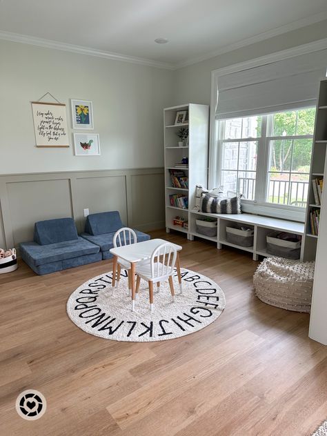 Dining Room To Playroom Ideas, Playroom With Pull Out Couch, Small Playroom Seating Ideas, Nugget Couch In Playroom, Playroom Ideas With Nugget Couch, Playroom Ideas With Couch, Playroom Nugget Couch, Nugget In Playroom, Playroom With Nugget Couch