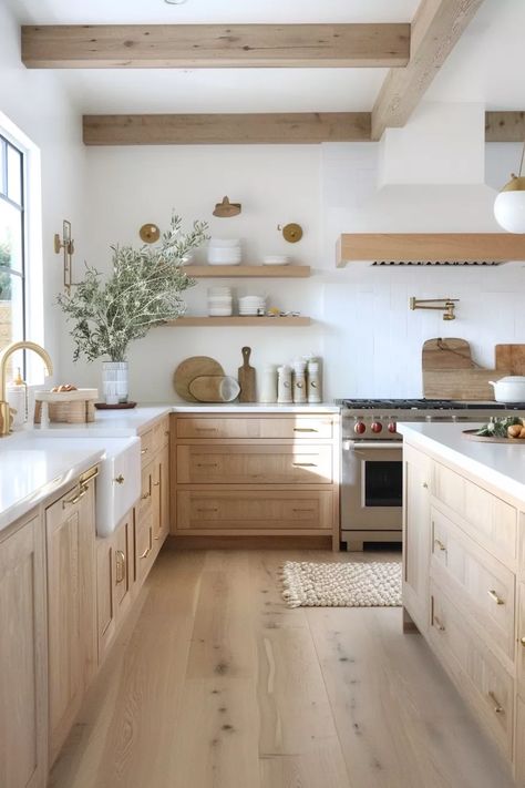 Kitchen Arched Doorway, Organic Modern Apartment Kitchen, Light Earthy Kitchen, Organic Neutral Modern Home, Country Kitchen Modern, Kitchen White And Wood Modern, Simple House Interior, House Design Interior Kitchen, European Cottage Kitchen