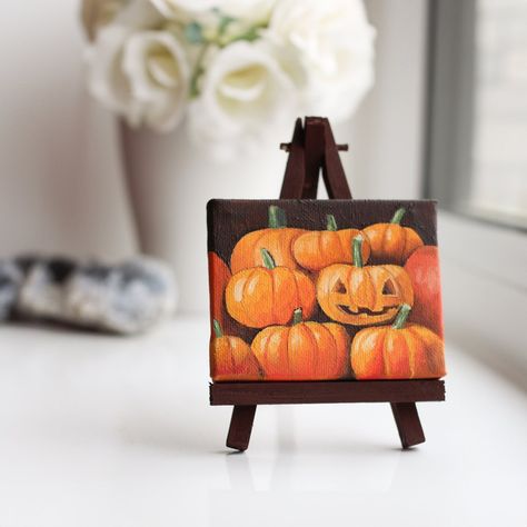 Canvas Easel, Tiny Canvas, Painted Home Decor, Easel Painting, Pumpkin Gift, Autumn Halloween, Mini Canvas, Painted Pumpkins, Fall Foliage