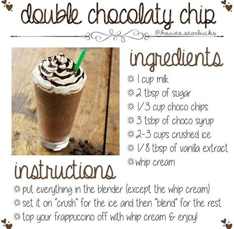 diy double chocolaty chip Chocolate Milk Shake, Drinks To Make At Home, Drinks To Make, Frosty Recipe, Homemade Frappuccino, Fun Drink Recipe, Frappe Recipe, Caramel Frappuccino, Iced Drinks Recipes