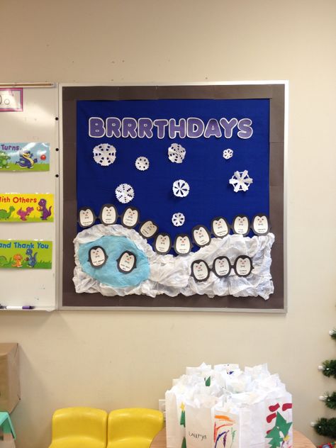 Winter birthday bulletin board idea Birthday Display Board Ideas, Birthday Wall Preschool Ideas, Winter Birthday Boards Preschool, September Birthday Board Ideas, Winter Birthday Board Ideas, Birthday Board For Infant Classroom, December Birthday Board, January Birthday Board Ideas, December Birthday Board Ideas