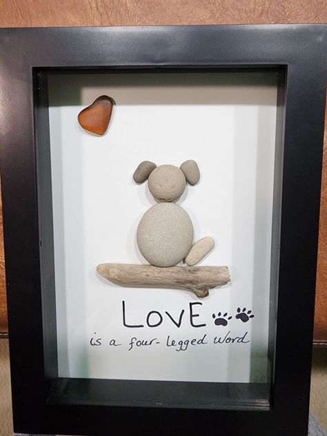 Pebble art dog, love a four legged word Pebble Dog Art, Stone Pictures Pebble Art Dogs, Dog Pebble Art Ideas, Dog Pebble Art, Pebble Art Dogs, Beach Rocks Crafts, Pebbles Diy, Pebble Art Dog, Beach Rock Art