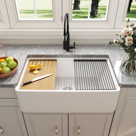 DeerValley Grove White Fireclay Rectangular Single Bowl Farmhouse Apron Kitchen Sink with Grid and Strainer | Wayfair Kitchen Sinks Farmhouse, Farmhouse Kitchen Sink, Apron Sink Kitchen, Apron Front Sink, Farmhouse Apron, Pull Out Kitchen Faucet, Sink Grid, Farmhouse Aprons, Farm Sink