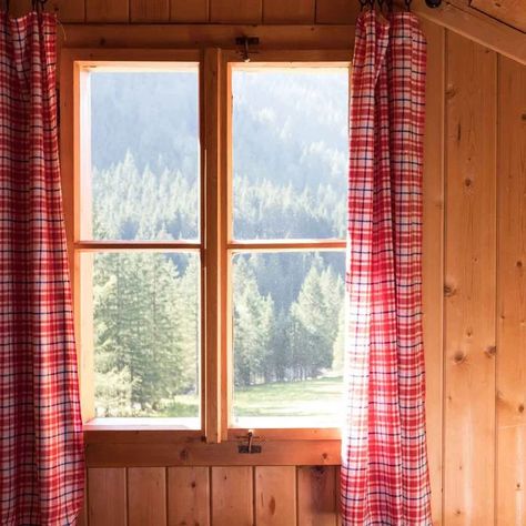 Cabin Window Treatments, Window Valence, Modern Cabin Interior, Rustic Curtain Rods, Cabin Curtains, Cabin Windows, Farmhouse Shutters, River Camp, Plaid Curtains