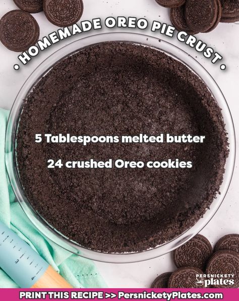 Skip the store-bought crust and make an easy homemade Oreo pie crust with just 2 simple ingredients. Its chocolate flavor and stable structure hold up to all kinds of fillings - perfect for baking or no bake pies! | www.persnicketyplates.com Chocolate Cookie Pie Crust, Oreo Cookie Crust Recipe, Oreo Cookie Pie Crust Recipe, Oreo Crust Desserts, Oreo Pie Crust Recipe, Cookie Pie Crust Recipe, Oreo Crust Recipe, Oreo Cookie Pie, Cookie Crust Recipe