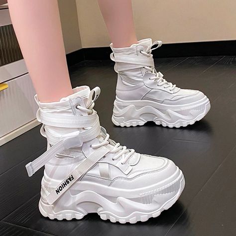 Platforms Aesthetic, Thick Bottom Shoes, Plateau Sneaker, Women's Motorcycle Boots, Platform Boots Chunky, Fabric Boots, Dance Sneakers, Boots White, Street Dance