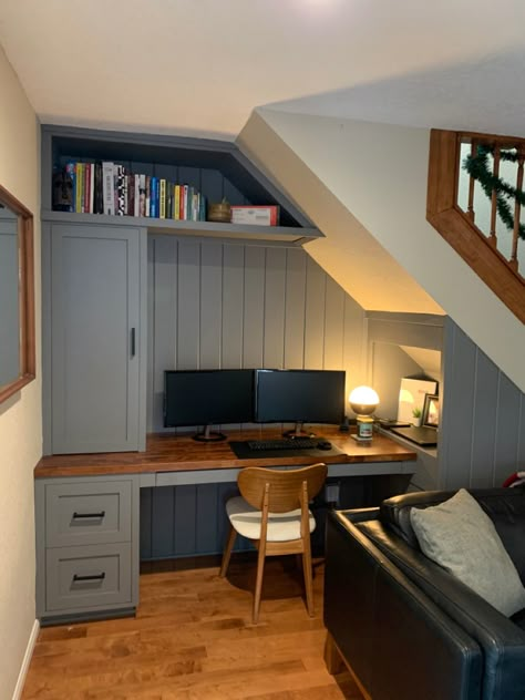 Office, modern office, grey office, office under stairs Under Stair Desk And Storage, Under Stairs Office And Storage, Built In Desk Under Eaves, Understair Office Desk Space, Office Desk Under Stairs, Under The Stair Office, Office Nook Under Stairs, Functional Space, Built In Desk Under Stairs