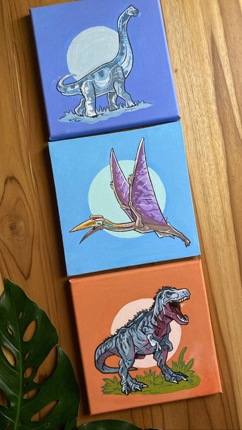 Dinosaur Canvas Art, Cartoon Dinosaur Painting, Acrylic Painting Dinosaur, Canvas Painting Ideas Dinosaur, Oil Pastel Dinosaur, Easy Dinosaur Painting On Canvas, Dinasour Painting Canvas Easy, Cute Dinosaur Painting Acrylic, Dino Canvas Painting