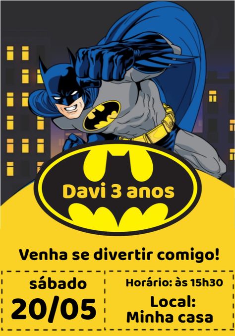 Edite grátis você mesmo usando nosso editor online | Design by Oh Baby Convites | Convite Digital Convite aniversário batman O convite Convite aniversário batman perfeito para o seu evento! Personalize o convite do seu jeito com nosso editor online Nosso convite digital Convite aniversário batman é totalmente personalizável. Você pode alterar o texto, a fonte, as cores e até mesmo adicionar fotos. É fácil de usar e você pode editar o convite perfeito em minutos utilizando no Batman Birthday Party, Batman Birthday, Oh Baby, Online Design, Batman, Birthday Party, Birthday, Design