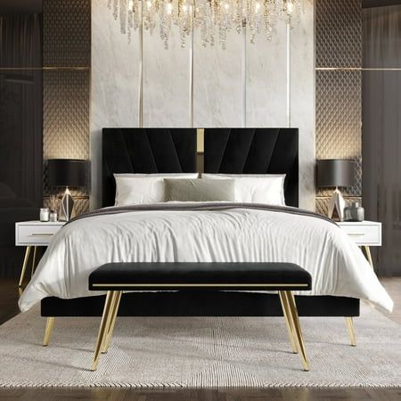 Elevate your bedroom with our luxurious 4-piece set, featuring a bed, two nightstands, and a matching bench. With a modern gold acrylic strip on the headboard and sturdy metal gold legs, it exudes elegance and stability. Upholstered in 100% polyester velvet fabric, it offers a sumptuous feel. Crafted from solid rubberwood, MDF, and LVL, this set ensures durability. Two modern 1-drawer white nightstands provide convenient bedside storage. Assembly is easy with clear instructions included. Enhance Neutral Color Master Bed, Bed Rooms Ideas Black, Black Bed With White Furniture, Black Velvet Headboard Bedroom Ideas, Bedroom Decor Black And Gold, Black White And Gold Home Decor, Walmart Bedroom Ideas, White Black And Gold Bedroom, Black Gold White Bedroom