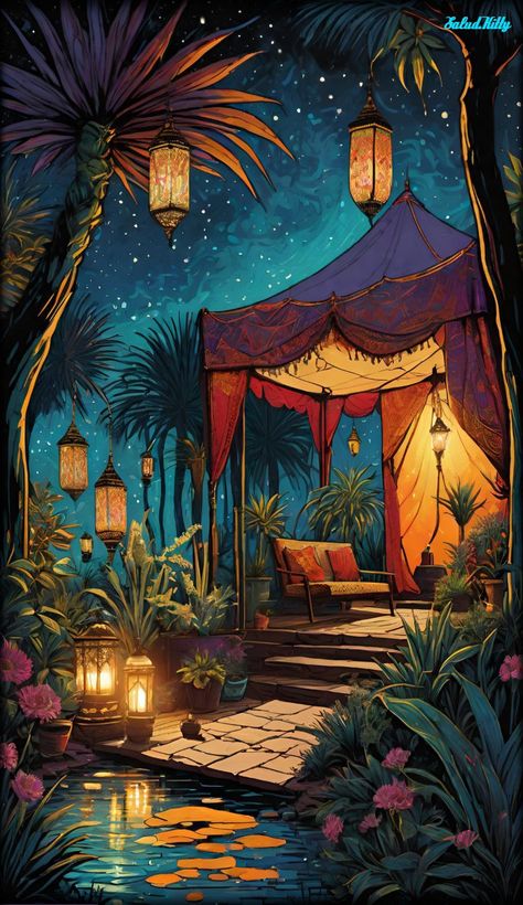 Arabian Nights Aesthetic Wallpaper, Arabian Nights Painting, Arabian Nights Art, Arabian Nights Illustration, Arabian Nights Bedroom, Arabian Background, Arabian Nights Book, Arabian Nights Aesthetic, Arabian Nights Theme