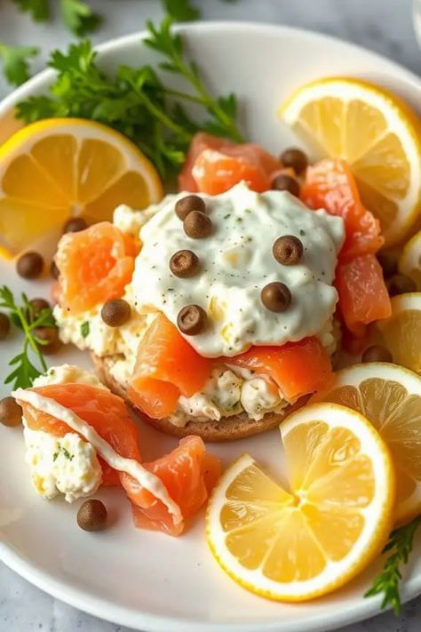 Smoked salmon with creamy topping on bread, garnished with lemon slices and herbs. 250 Calorie Breakfast, Cottage Cheese Egg Salad, Egg Salad With Dill, Egg Salads, Food With A Twist, Cottage Cheese Breakfast, Cottage Cheese Eggs, Classic Egg Salad, Low Calorie Breakfast