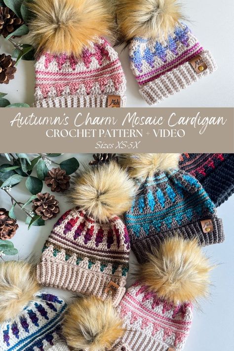 Get creative with the Autumn's Charm Mosaic Hat free crochet pattern. Sizes for the whole family included and a step-by-step tutorial. Crochet Granny Square Hat, Granny Square Hat, Hat Free Crochet Pattern, Crochet Mosaic, Hat Patterns Free, Beanie Crochet, Crochet Ear Warmer, Knitted Wit, Crochet Cardigan Pattern