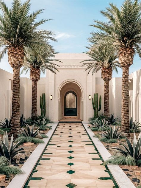 Arabic Courtyard, Moroccan Resort, Morrocan Courtyard, Arabian House Design, Arabic Garden, Architecture Morocco, Morocco House, Moroccan Landscape, Arcade Architecture