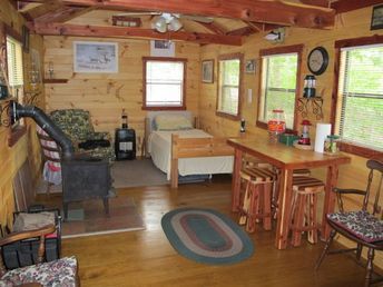 One Room Cabin Interior, Tiny Cabins Interiors, Hobbit Stove, Bush Cabin, Mini Cabins, Amish Cabins, One Room Cabin, Loft Railing, Ridge Beam