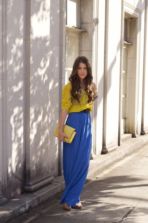 Sky Blue Skirt Outfit, Blue Yellow Outfit, Yellow Blouse Outfit, Light Yellow Skirt, Yellow Skirt Outfits, Long Skirt Outfits For Summer, Blue Skirt Outfits, Navy Belt, Dress Sparkle