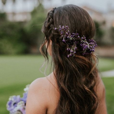 Wedding Hair Wildflowers, Wildflower Hair Wedding, Wildflowers In Hair, Purple Flowers In Hair, Prom Hairstyles With Flowers, Lavender Hairstyles, Lavender Wedding Hair, Purple Wildflower Wedding, Wildflower Themed Wedding