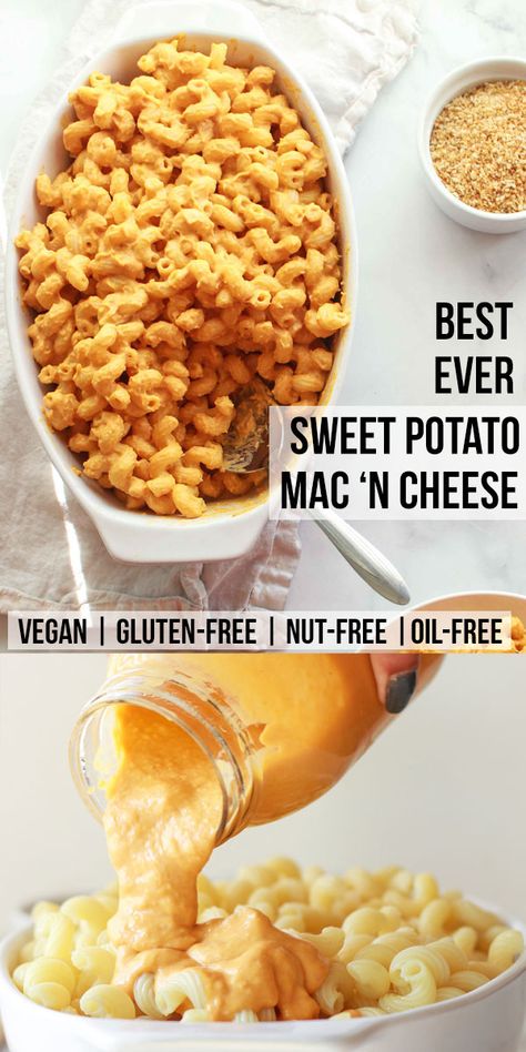 Vegan Sweet Potato Pasta, Vegan Gluten Free Mac And Cheese, Vegan Wheat Free Recipes, Sweet Potato Mac And Cheese Vegan, Vegan And Nut Free Recipes, Plant Based Mac And Cheese, Vegan Nut Free Recipes, Sweet Potato Vegan Recipes, Vegan Oil Free Recipes