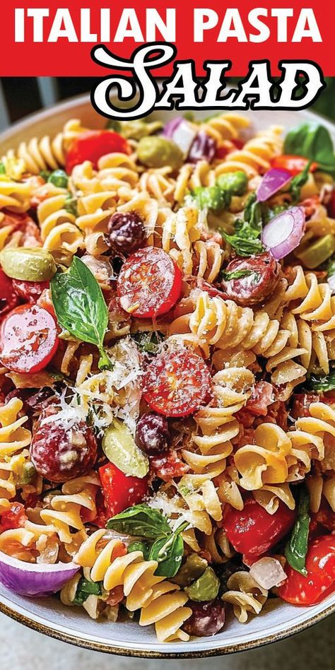 Italian Pasta Salad Ingredients: 1 lb. rotini pasta 3.5-4 oz. pepperoni, quartered (about ¾ cup) 4 oz. sliced salami, quartered (about ¾ cup) 1 pint cherry tomatoes, halved 1 cup black olives, drained and halved 1 orange bell pepper, chopped 1 green bell pepper, chopped ½ cup finely diced red onion 2 tablespoons chopped pepperoncini 8 oz. fresh mozzarella pearls Freshly grated Parmesan and parsley for garnish #Italianpasta #Salad #Quickrecipe Pasta Pepperoni Salad, Cuban Pasta Salad, Pepperoni Salad, Tomato And Cracker Salad, Rotini Salad, Clean Eating Pasta Salad, Italian Food Ideas, Pepperoni Pasta Salad, Tricolor Pasta Salad