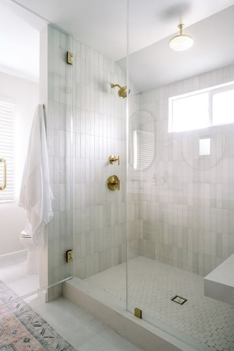 Fordham Bianco 12x24 Matte Porcelain Tile, Neutral Master Bath Tile, Master Shower Ideas Black Hardware, Glass Subway Tile Shower Ideas, Master Bath Floor And Shower Tile Ideas, Shower With Small Window, Classic Primary Bathroom Ideas, Chevron Shower Wall, Bathroom Shower Window Ideas