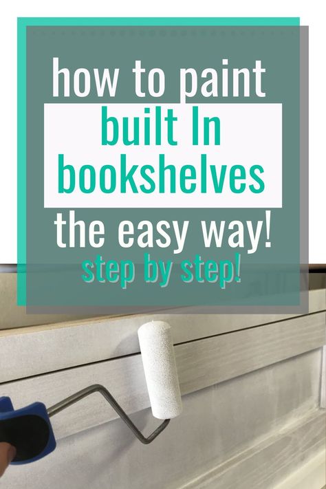 Built In Shelf Makeover, Wallpaper Built In Bookcase, Painted Built In Bookshelves Office, Painting Oak Built Ins, Painted Cabinets Living Room Built Ins, Built In Bookshelves Makeover, How To Paint Built Ins, How To Trim Out Built Ins, Bookcase Paint Colors