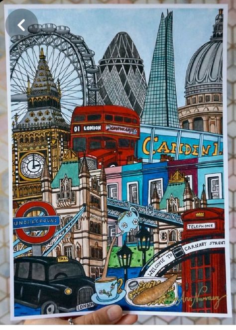 Famous London Landmarks, London Bus Drawing, Sherlock Doodle, Scanned Art, London Art Drawing, Underground Sign, Gherkin London, London Map Print, London Artwork