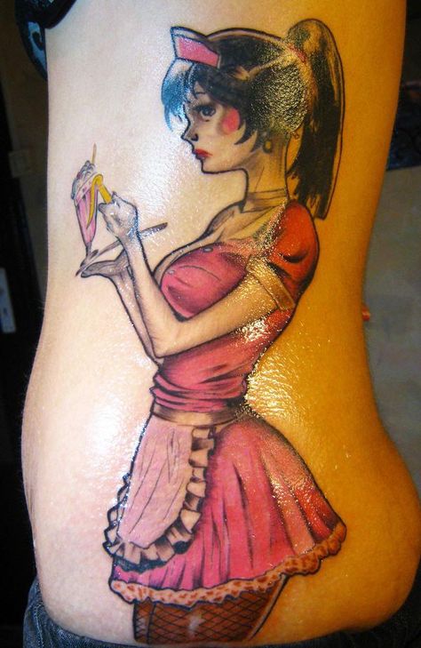 girl tattoo on side - 50 Amazing Girl Tattoo Designs  <3 <3 Waitress Tattoo, Girl Cross Tattoos, Vintage Waitress, Little Elephant Tattoos, Pink Flower Tattoos, Neat Tattoos, Wrist Bracelet Tattoo, Tattoo Vintage, Cool Wrist Tattoos