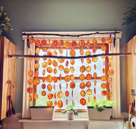 Orange Fruit Kitchen Decor, Fruit Interior Design, Citrus Garland, Ceiling Hanging Decor Diy, Boho Apartments, Whimsical Bedroom, Apartment Decorating On A Budget, Orange Decor, Summer Kitchen