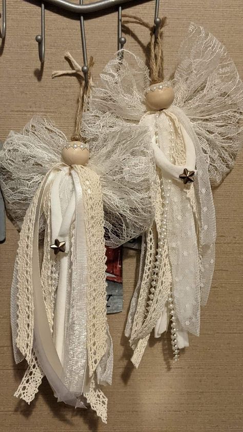 Rag Angels Diy, Diy Lace Fabric Angels, Christmas Ribbon Angels, Cloth Angels Handmade, Angel Tree Ornaments Diy, Diy Angel Wing Ornaments, Diy Christmas Angel Ornaments Simple, Nursing Home Gifts For Residents Diy, Doily Angels How To Make