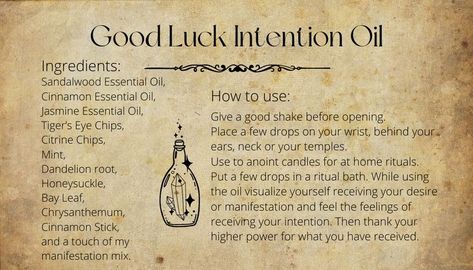 This is an infused spell oil to attract good luck by combing the power of oils, herbs, crystals and flowers together.
How to use:
Give a good shake before opening.
Place a few drops on your wrist, behind your ears, neck or your temples.
Use to anoint candles for at home rituals.
Put a few drops in a ritual bath. Luck Oil Recipe, Spell Oil Recipe, Witch Oils, Intention Oils, Home Rituals, Spell Oils, Attraction Oil, Crystals And Flowers, Money Oil