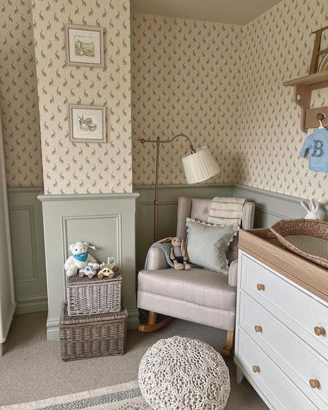 Nursery With Textured Walls, Traditional Timeless Nursery, Sophisticated Gender Neutral Nursery, Shelving In Nursery, Nursery In Main Bedroom Ideas, English Nursery Room, Nursery With Paneling, Cottage Nursery Boy, French Cottage Nursery