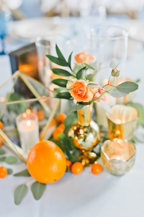 Blue Orange Wedding Decorations, Orange Tree Wedding Decor, Citrus Table Runner, Dusty Blue Orange Wedding, Florida Wedding Decor, Bridesmaid Dresses Bright, Citrus Theme, Orange Wedding Themes, Dusty Blue Bridesmaid