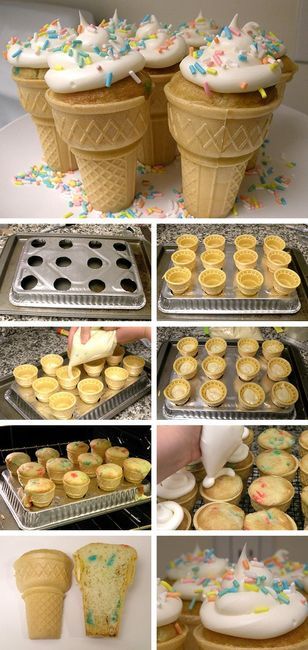 MADE THESE for my boss's birthday, turned out good.. but note to those who make them: Don't make them the night before.. cones can get soggy. Strawberry Cupcake Recipes, Ice Cream Cone Cupcakes, Cupcake Cones, Strawberry Cupcake, God Mat, Good Eat, Snacks Für Party, Cupcake Cake, Cupcake Liners