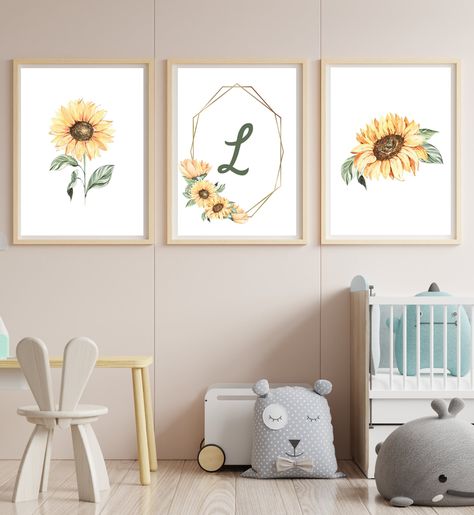 nursery wall art decor, sunflower and gold frame with baby's initial, minimalist, 11x14, set of 3 prints included, customizable, no frames Sunflower Nursery, Bee Nursery, Daughters Room, Set Of 3 Prints, Hanging Canvas, Nursery Decor Girl, Nursery Inspiration, Nursery Walls